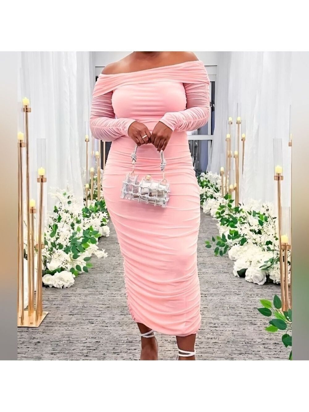 Prettygarden Elegant Bodycon Pink Ruched Bodycon Dress